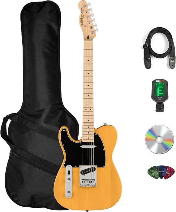 Fender Squier Affinity Telecaster w/Maple Fingerboard, Left Handed - Butterscotch Blonde Bundle with Gig Bag, Tuner, Strap, Picks, and Austin Bazaar Instructional DVD