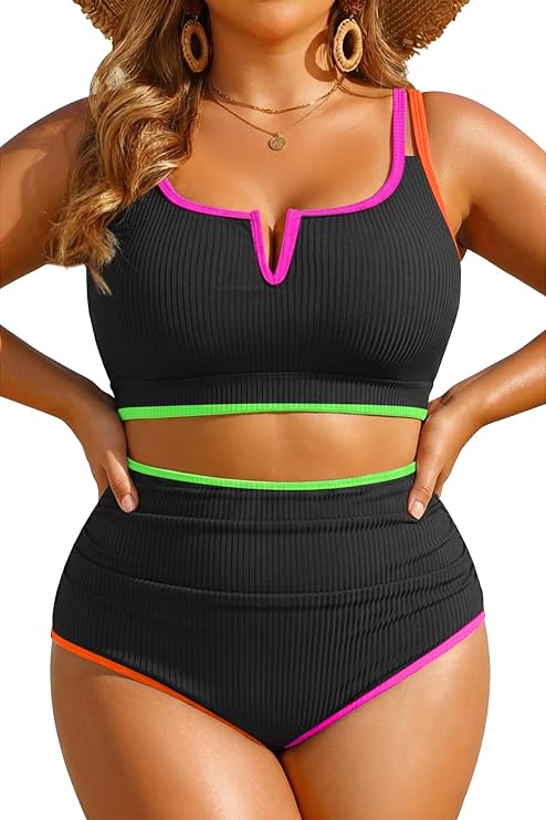 Women Plus Size High Waisted Bikini Ribbed Two Piece Tummy Control Swimsuit