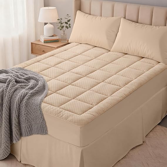 OLANLY Twin Quilted Fitted Mattress Pad, Elastic Fitted Mattress Topper, Cooling Soft Mattress Cover Stretches up to 21 Inches Deep, Machine Washable Mattress Protector (39x75 inch, Beige)
