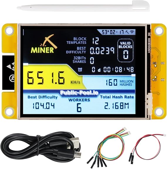 FREENOVE Bitcoin Miner Solo Lottery Miner, ESP32 CYD 2.8" Touch Display 240x320 Pixel TN Screen ILI9341 Driver, Dual-core 32-bit 240 MHz Microcontroller WiFi+BT Programmable, Code Tutorial