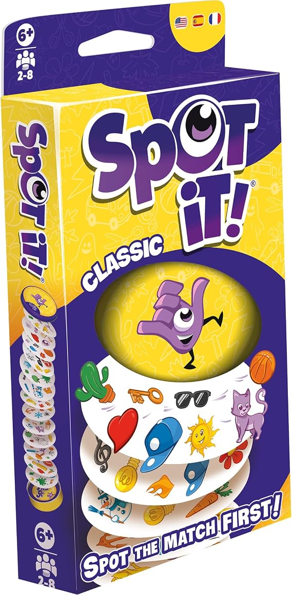 Asmodee Spot It! Classic Card Game (2024 Refresh) - Eco-Blister Edition, 5-in-1 Visual Perception Game for Quick Reflexes and Family Fun, Ages 6+, 2-8 Players, 10 Minute Playtime | Race to spot the matching symbol first in this fast-paced family card game. Ages 6+, 2-8 players, 10 min.