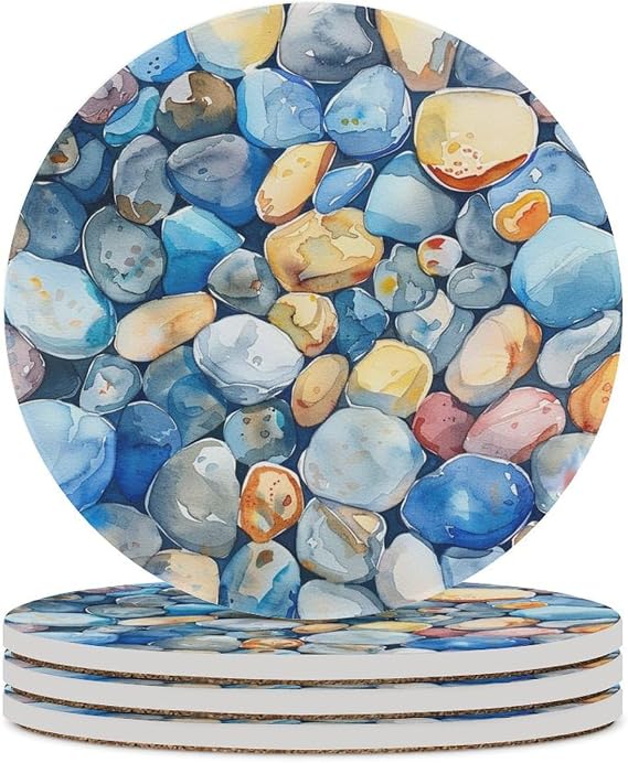 Drink Coasters for Coffee Table, Blue & Orange Cobblestone Absorbent Coaster 4PCS, Corner by The Sea Ceramic Coaster for Wooden Table, Suitable for Kinds of Cups, Home Decor, 4 Inches
