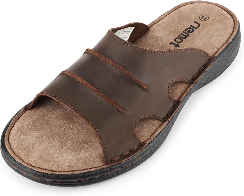 riemot Mens Leather Slide Sandals Comfortable Lightweight Summer Beach Slides with Memory Foam Footbed Casual Walking Cushioning Slip on Sandal Indoor & Outdoor US 9-14