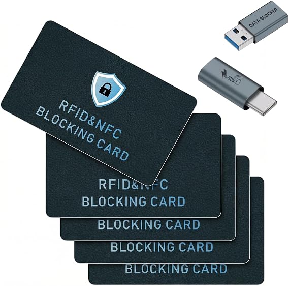 RFID Blocking Card, Credit Card Protector, Protects entire wallet, RFID/NFC Contactless Bank Card Protector, ID ATM Guard Card Blocker, with usb data blocker, 5-Pack