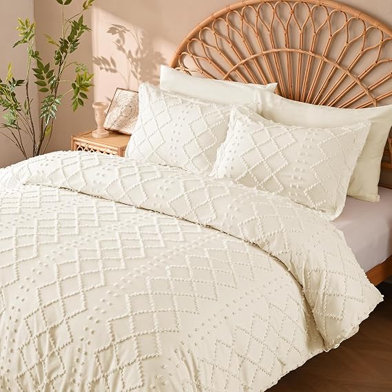 Manyshofu Beige Tufted Duvet Cover Set, 5 Piece Boho King Bedding