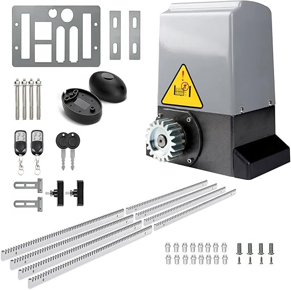 Blutezeit 1800lb Automatic Sliding Gate Opener Rack Drive Operator for Heavy Driveway Slide Gates Up to 40 Feet, Rolling Gate Motor with 2 Remote Controls, Infrared Sensor & Complete Hardware Kit