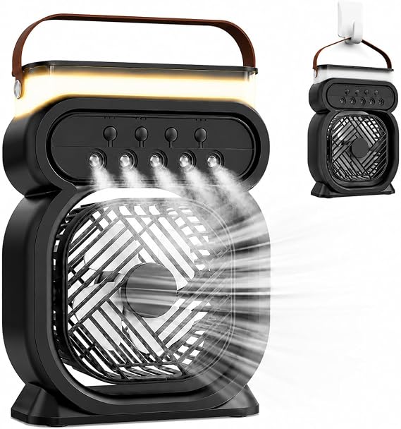 Mini Portable AC Air Conditioner, Evaporative Cooler Fan That Cools Like an AC 5-Mist, 3 Speeds, Timer, 7-Color Light, 450ml Tank Personal Hoseless Water AC Unit for Bedroom Office Car Camping(Black) [Energy Class A+]