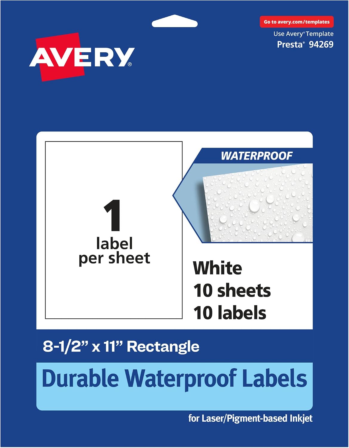 Avery Durable Waterproof Rectangle Labels, 8.5 x 11, 10 Oil and Tear-Resistant Waterproof Labels, LaserPigment-Based Inkjet Printable Labels