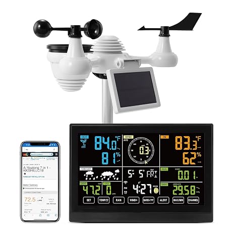 7 In 1 WiFi Weather Station With 7.5 Inch Color Display Wireless Solar Sensor For Indoor Outdoor Temperature Humidity Wind Speed Direction Rainfall Monitor Home Garden Weather Forecast System