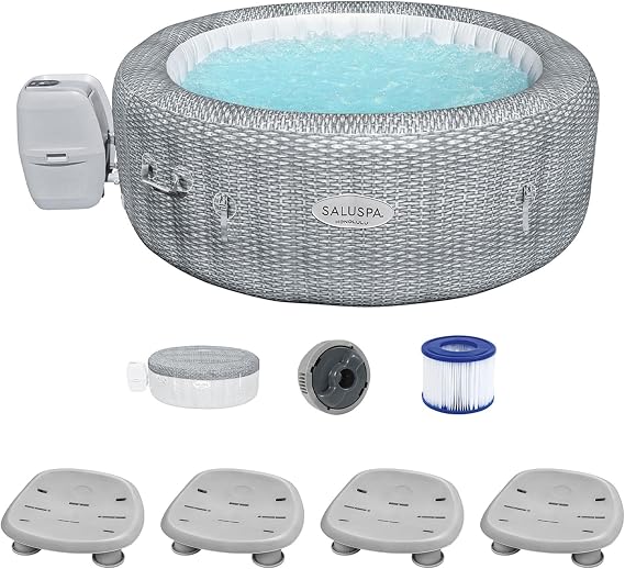 Bestway Coleman Honolulu AirJet Inflatable Hot Tub with EnergySense Cover and 4-Pack of SaluSpa Underwater Non-Slip Spa Seat with Adjustable Legs