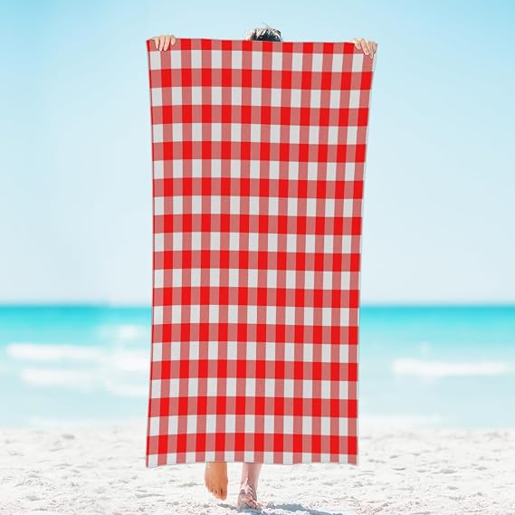 Microfiber Sand Free Beach Towel, Quick Dry Absorbent Compact Red Checkered Bath Towel for Swimming Pool