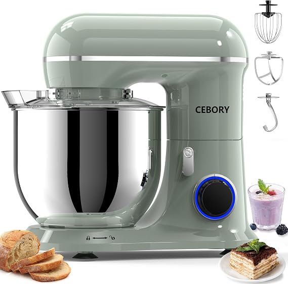 CEBORY 3-IN-1 Stand Mixer, 6.5 QT Tilt-Head 10-Speed Food Mixer, Kitchen Electric Mixer with Dough Hook, Beater, Whisk, Bowl for Most Home Cooks, Green