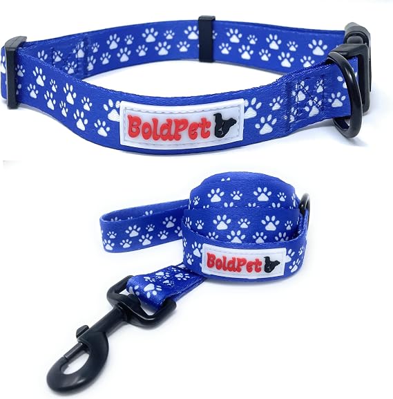 BOLDPET Dog Collar and Leash Set - Durable Adjustable Puppy Collar with Secure Metal Buckle and 5 ft Length Leash - Professional Grade Polyester for Small Medium and Large Dogs