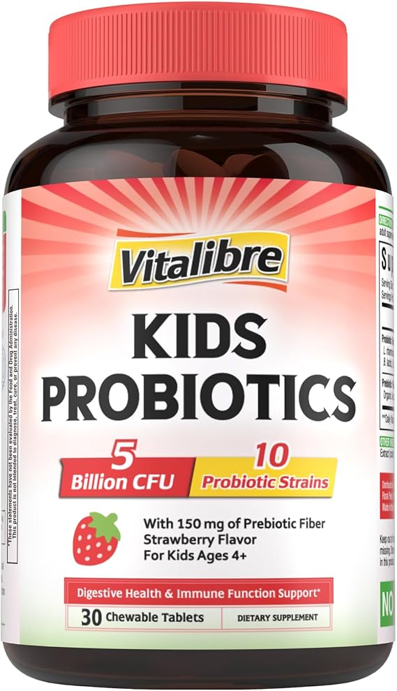 Kids Probiotics Chewable, 5 Billion CFU, 10 Probiotic Strains, Ages 4+ | with Prebiotics, Support Digestive & Immune Health, Shelf Stable, No Gluten or Dairy, Strawberry Flavor, 30 Count