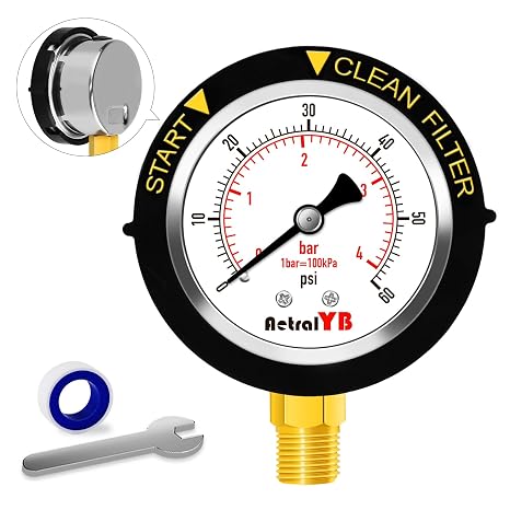 Pool Filter Pressure Gauge - 304 Stainless Steel Case, IP67 Waterproof, 0-60 PSI, for Swimming Pool Pump, Spa & Aquarium Filter System, Clean Filter Indicator, 2" Dial, 1/4" NPT Bottom Mount