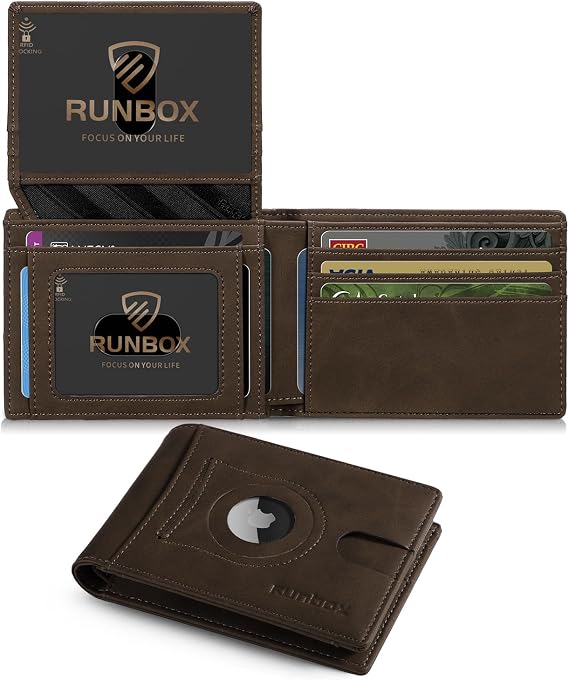 RUNBOX Airtag Wallet for Men 15 Cards Wallets Slim Rfid Leather 2 ID Window With Gift Box