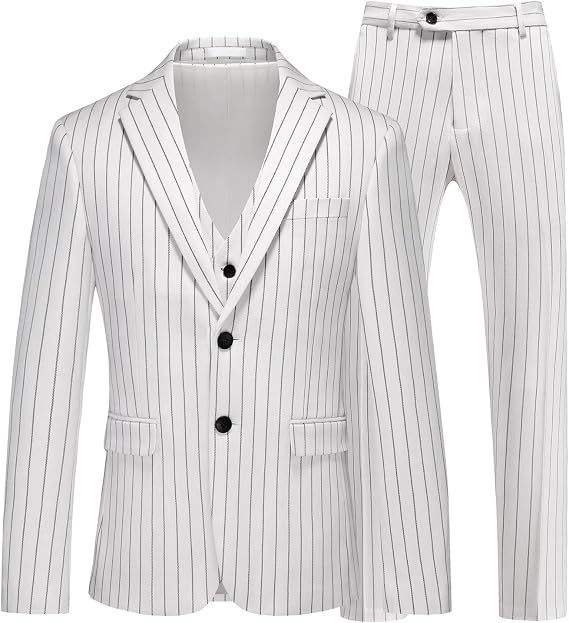 Men's Pinstripe 3 Piece Suits Elegant Single Breasted Business Party Prom Wedding Dinner Suits Blazer Pant Vest Sets White
