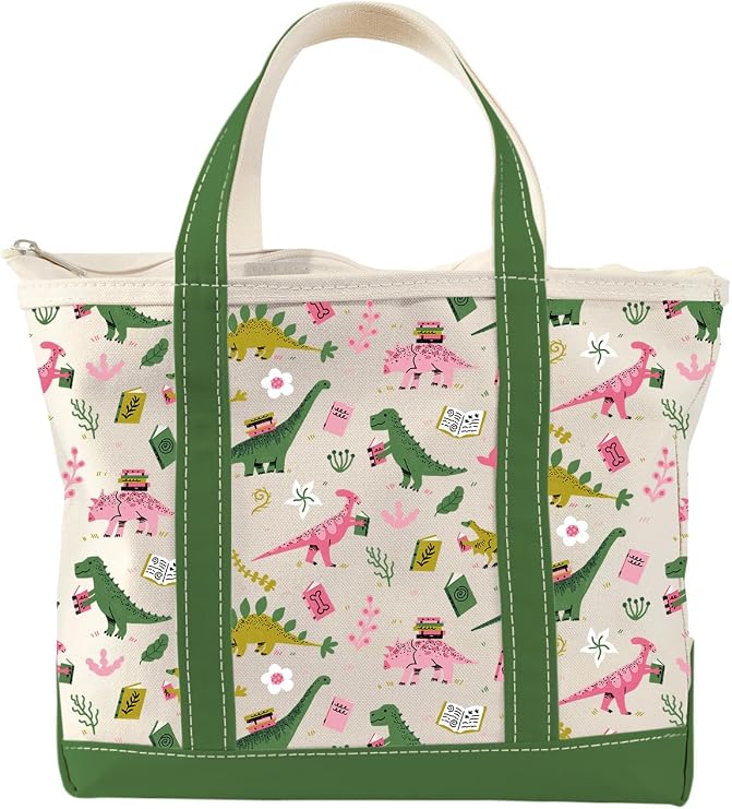 Out of Print Prehistoric Reads Dinosaur Zippered Tote Bag with Inner Pocket - Gift for Book Lovers