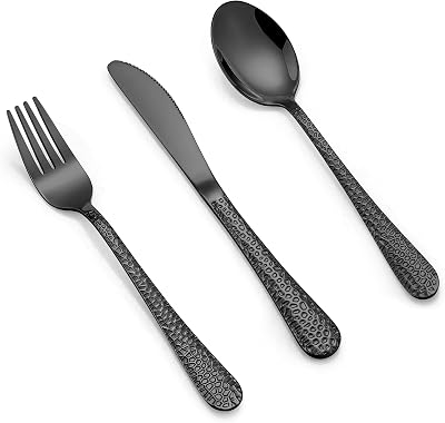 LIANYU 12-Piece Kids Black Silverware Set, Stainless Steel Preschooler Toddler Utensils, Hammered Metal Flatware Cutlery Set, Children Tableware Includes Knives Forks Spoons, Dishwasher Safe