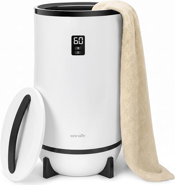SereneLife Towel Warmer Bucket Style Portable Blanket Heater for Spa and Bathroom, Large Capacity, Customizable Fragrance, Auto Shut-Off, Fits 2 Large Towels or Blankets, One-Touch Control, Black