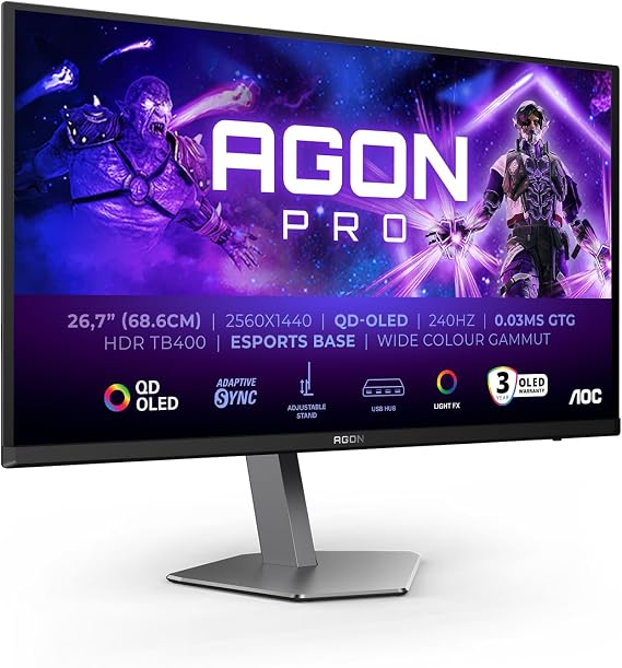 AOC AG276QZD2AM 27" WQHD Gaming Monitor 240Hz, QD-OLED Panel, 0.03ms GtG, HDR400 TB, FreeSync Prem. Pro, G-Sync Comp., Height Adjustment, Speakers, (2560x1440 HDMI 2x 2.0 DP 2x 1.4 USB Hub) Black