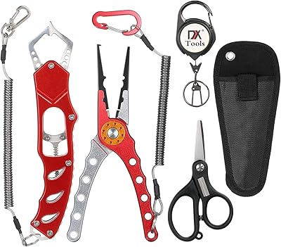 doorslay Fishing Pliers Fishing Tool Kit, Fish Lip Gripper, Line Cutters Split Ring Pliers Hook Remover, Saltwater Fly Fishing Tool Set with Lanyard, Ice Fishing Gear, Fishing Gifts for Men