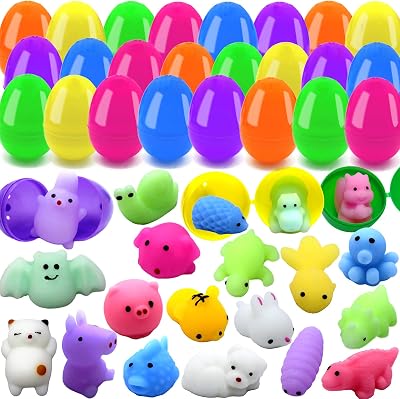 24 PCS Plastic Easter Eggs Filled with 24 PCS Mochi Squishy Toys for Kids, Perfect for Easter Egg Hunt Game, Easter Basket Fillers, Easter Party Favor Supplies