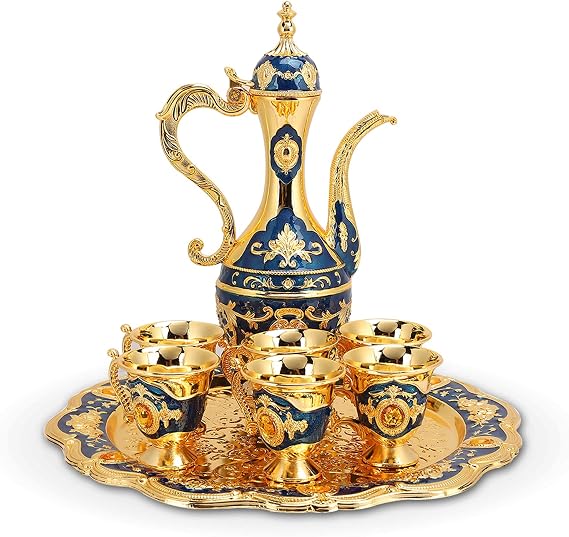 Vintage Turkish Coffee Pot with 6 Coffee Cups, Metal Turkish Tea Kit Gift Set Including Craft Tea Tray Teapot and Tea Cups for Home Decor Birthday Wedding Christmas (Dark Blue)
