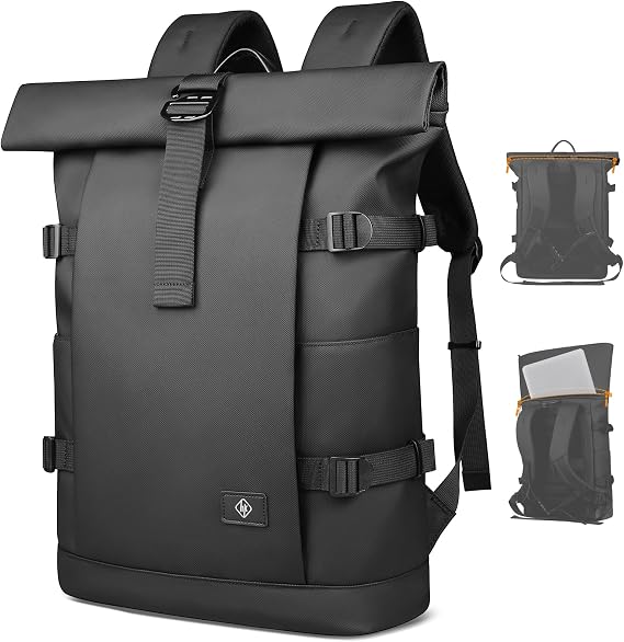 hk Roll Top Backpack, 20-27L Expandable Laptop Backpack Fits 17.3 Inch | Water Resistant Spiral Backpack, Unisex Black Rucksack for Men, Ideal for Business, Travel, Sports, College, Overnight