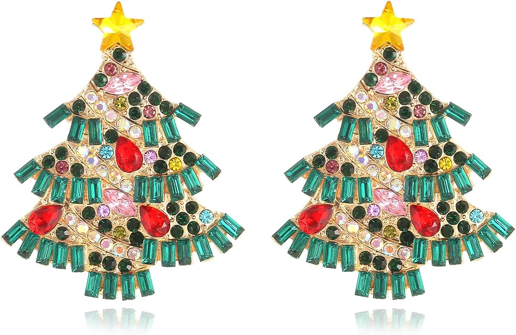 Merry Christmas Earrings Rhinestone Statement Earrings Xmas Tree Bow Bulbs Cane Reindeer Santa Snowman Gingerbread Beaded Drop Dangle Earrings for Women Holiday Festival Jewelry Gift