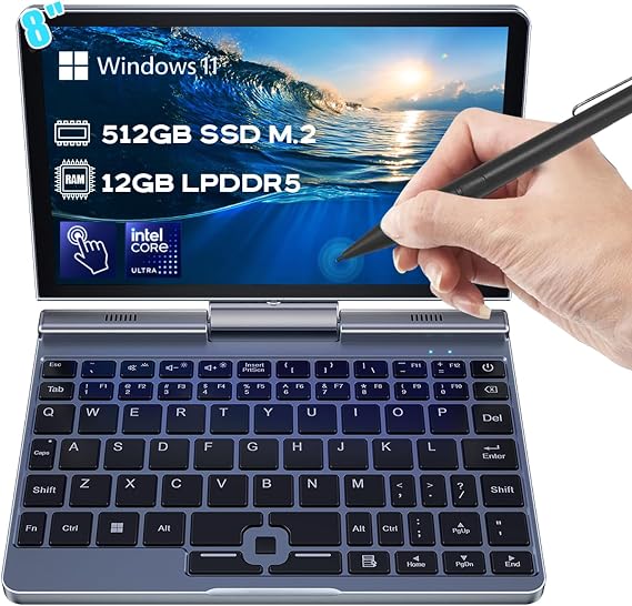 Crelander 2-in-1 Mini Laptop | 8-Inch Touchscreen Portable Small Pocket Computer | Intel 12th Gen N100 Processor | 12GB DDR5 RAM 512GB SSD |PD 30W Charging | WiFi6 BT5.2 |Backlit Keyboard |Windows 11
