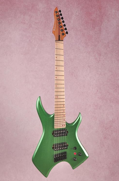 Fanned Frets 648mm-670mm 7 Strings Metallic Green Electric Guitar Red Dot Inlay, Fluorescent Neck Side Dot, Red Kill Switch, Africa Mahogany & Maple 5 Piece Neck