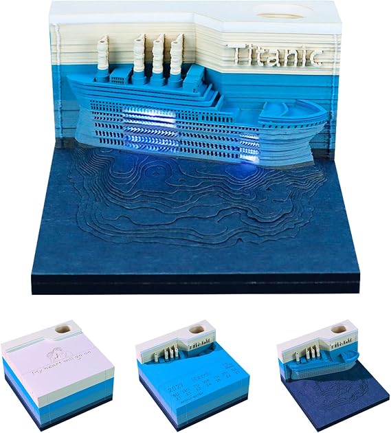 3D Art Calendar Memo Pad 2027,3D Titanic Weekly Calendar Notepad With Light&Pen Holder, 3D Memo Pad Desk Calendar DIY Decoration Gift