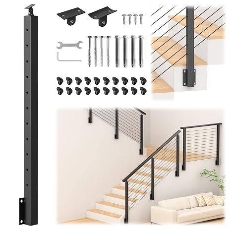 36" Right Side Mount Stair Cable Railing Post for 25-35 Degrees Stair, Stainless Steel Single Black Coated Fascia Mount Post for Cable Railing Kit, Indoor Outdoor Use, MY09-S