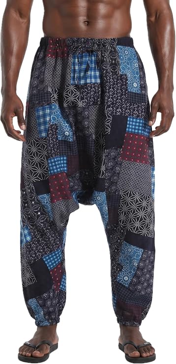 perdontoo Mens Harem Pants Casual Elastic Waist Drawstring Baggy Hippie Trousers Cotton Boho Yoga Pants