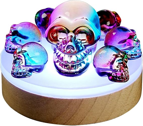 Crystal Skull Night Light with K9 Rainbow Skull , RGB LED Lighting &Wood color design Base Gift Box 7 Vibrant Color Changes,Gift for Halloween, Christmas, and Home Decor 6+1 Rainbow Crystal Skull