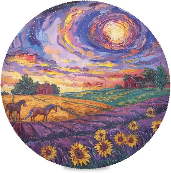 Circular Table Placemats, Placemats for Dining Table, Non Slip Table Place Mats for Kitchen, Dining Table Indoor/Outdoor, Sunset Lavender Fields Sunflowers Purple