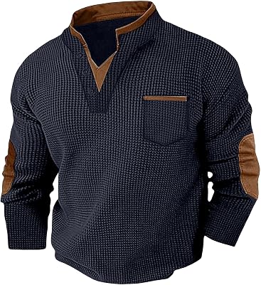 Henley Waffle Shirts for Men Long Sleeve Thermal V Neck Casual Lightweight Pullover Fashion Winter Henley Hoodie