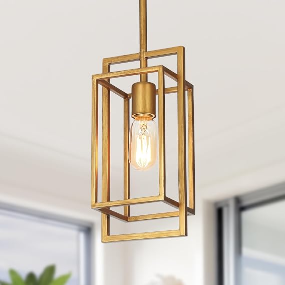 KSANA Antique Gold Pendant Lighting, Modern Golden Geometric Cage Hanging Light Fixture for Kitchen Island, Foyer, Dining Room and Hallway