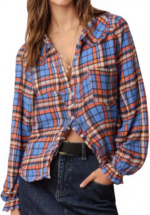 Tankaneo Womens Peter Pan Collar Button Down Shirts Long Sleeve Plaid Blouse Dressy Casual Fall Tops