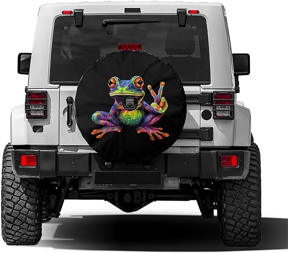 KiuLoam Peace Colorful Frog Tie Dye Swirl Spare Tire Cover with Backup Camera Hole Universal Sunscreen Waterproof Wheel Covers for Trailer RV SUV Truck and Many Vehicles (17" for Diameter 31"-33")
