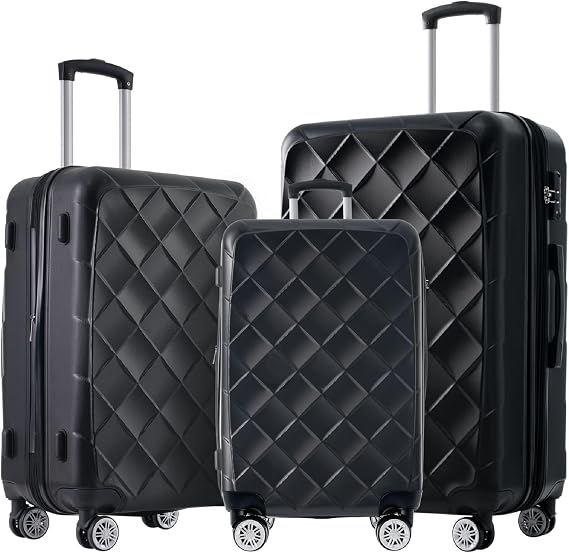 HRVEOCEI 3 Piece Hardshell Luggage Sets with Spinner Wheels &TSA Lock, Lightweight Expandable Travel Suitcase with Adjustable Telescopic Handle (Black)