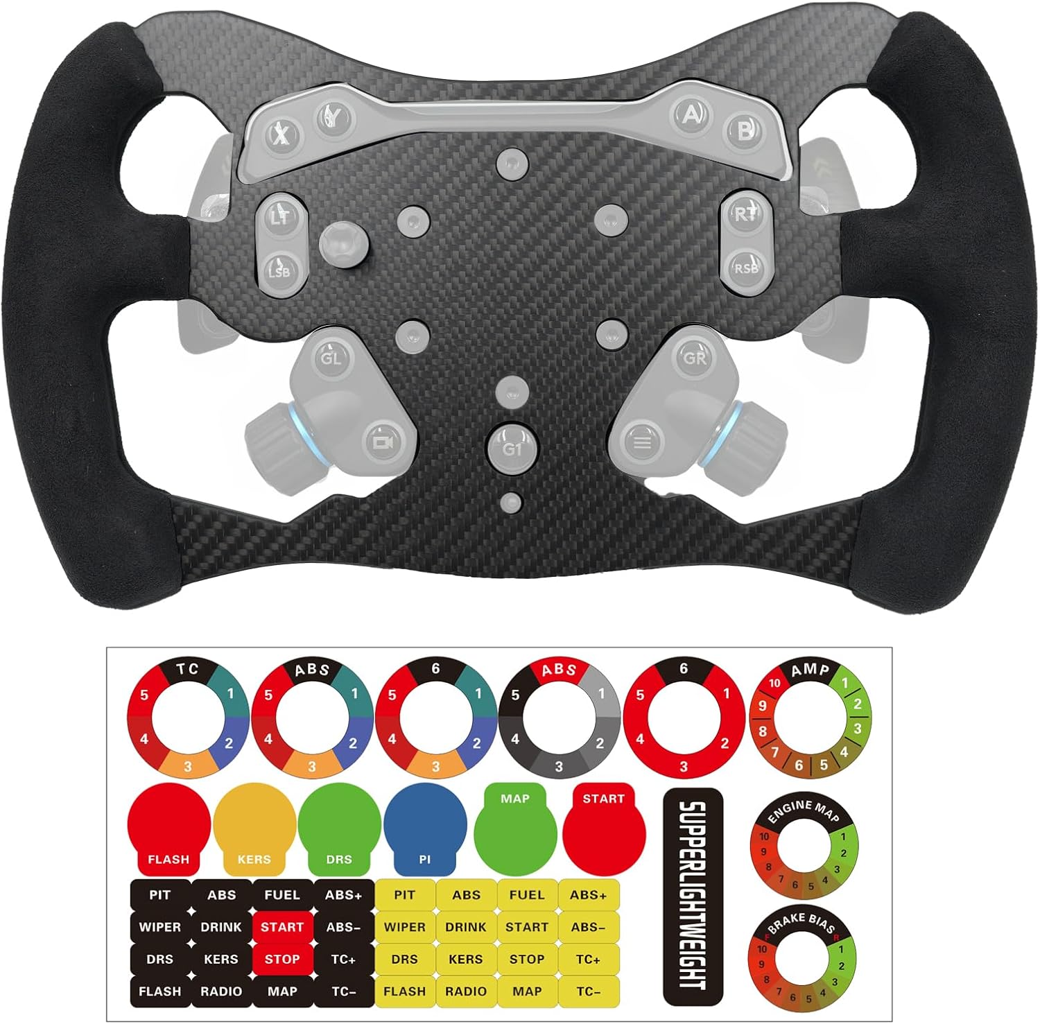 ロジクールG PROレーシングホイール用12インチF1フォーミュラリアルカーボンファイバー。軽量オリジナルスエードの交換。Logitech G RS TRUEFORCE Force Feedback RS50システムハブ12インチ-スエード付き