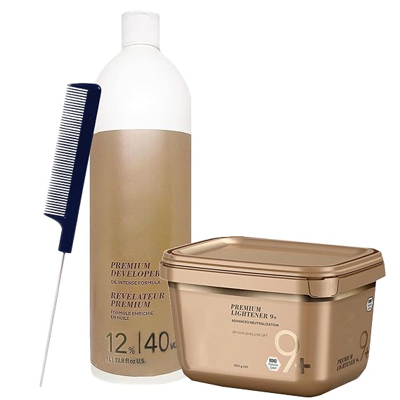Blonde Me Lightener 9+ Bleach 450g with Blonde Me 12% / 40 Volume Developer 1L and Pin Tail Comb Professional Hair Bleach Kit for Maximum Lift and Bright Blonde Results