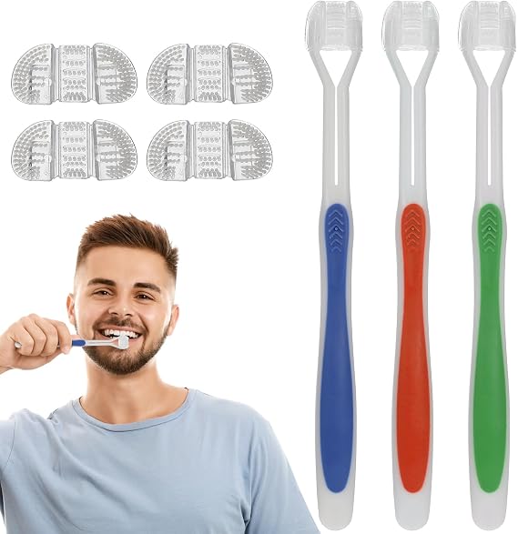 SUPVOX 7pcs Three Sided Toothbrush Replaceable Dual Brush Head Special Needs Toothbrush toothhugger Toothbrush Soft Bristle Toothbrush for Adult (4 Replace brish Heads)