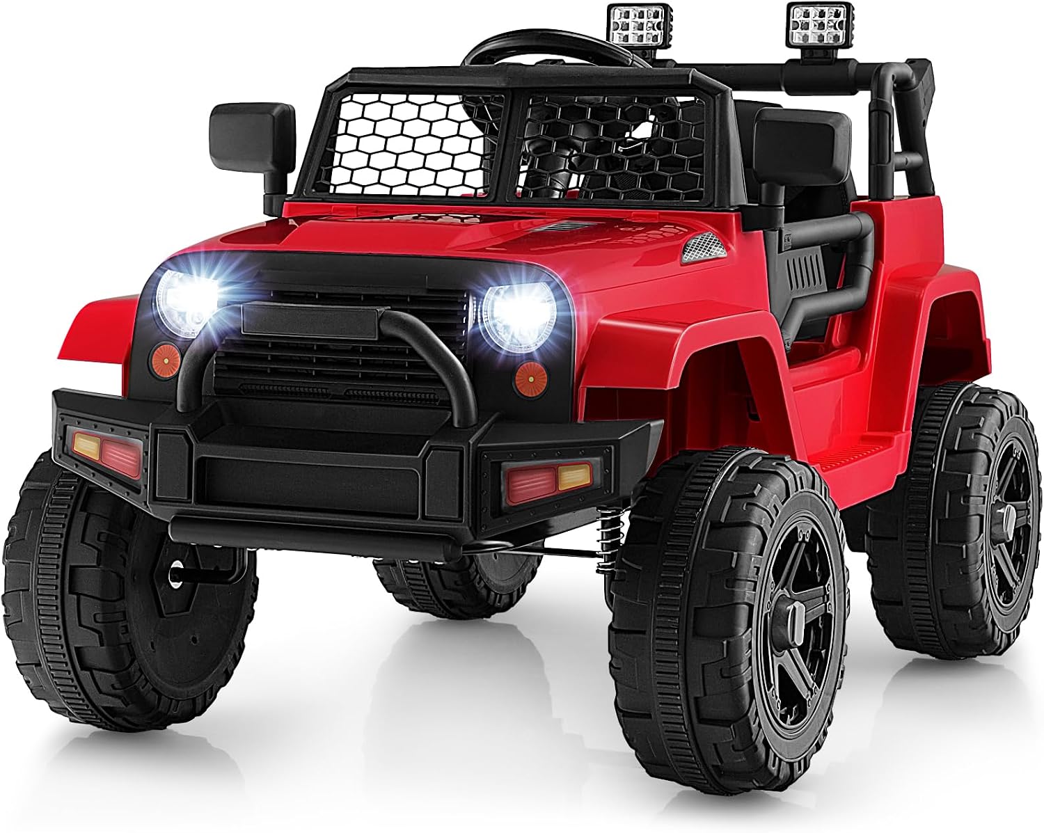 HONEY JOY Ride On Truck, 12V Battery Powered Vehicle Ride On Car with Remote Control, Spring Suspension, Headlights, Music, Mesh Windshield, Electric Cars for Kids, Gift for Boys Girls 3Red