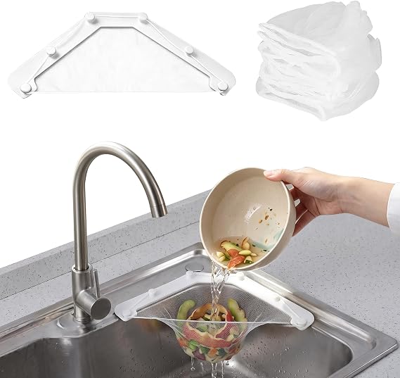 Kitchen Sink Triangle Holder Filter Strainer with Net Mesh Multipurpose Sink Strainer Hanging Bag for Food Waste Collection (White + 50 Filters)