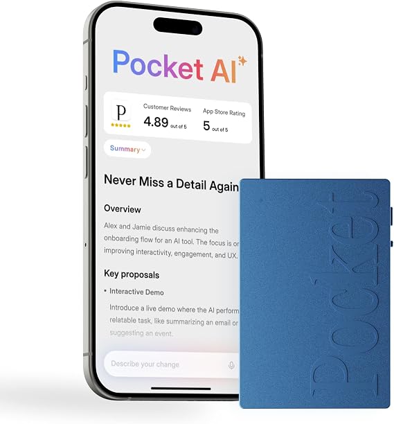 Pocket AI Voice Recorder, Auto Transcription, AI Note Taker, Sierra Blue