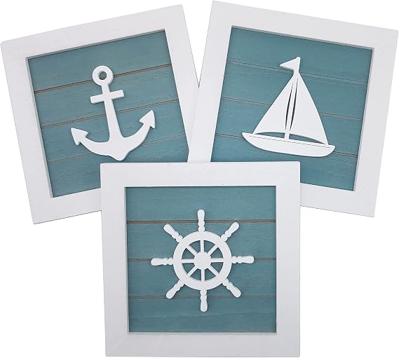 Nautical Theme Wall Decor Set of 3 7x7 in Rustic Beach Decor 3D Anchor Sailboat and Ship Wheel Wooden Beach Bathroom Decor Ocean Coastal Theme Decor for Lake House Home Room Nautical Gifts
