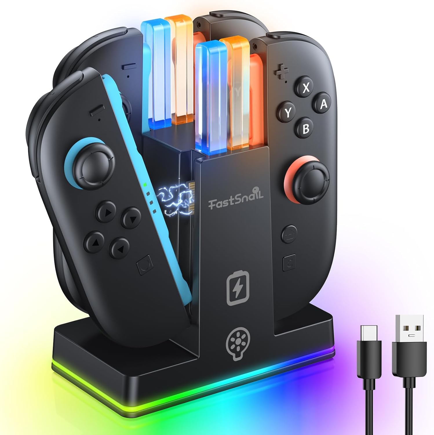 FASTSNAIL RGB Controller Charger Compatible with Nintendo Switch 2, Charger Station for Joycon 2, Accessories for Switch2, 9 RGB Lighting Modes, Black (Not for Switch2017 and OLED)